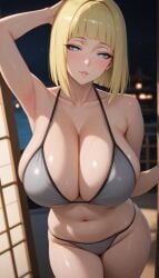 1girls adapted_costume ai_generated armpits bare_arms bare_chest bare_legs bare_midriff bare_shoulders bare_thighs big_breasts bikini bikini_bottom bikini_top blonde_hair blue_eyes blunt_bangs blush bob_cut breasts breasts_bigger_than_head busty cleavage female female_only heart-shaped_pupils horny huge_breasts icecrown_ai in_love indoors large_breasts light-skinned_female light_skin mature mature_female mature_woman midriff nai_diffusion naruto naruto_(series) naruto_shippuden navel oppai pinup revealing_swimsuit sagging_breasts samui seductive seductive_eyes seductive_look seductive_smile short_hair side-tie_bikini side-tie_bikini_bottom skimpy skimpy_bikini sliding_doors solo solo_focus stable_diffusion swimsuit symbol-shaped_pupils tagme thick_thighs thighs top_heavy top_heavy_breasts voluptuous voluptuous_female