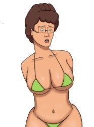 1girls alternate_breast_size arms_behind_back bad_anatomy bikini blank_background brown_hair cleavage glasses huge_breasts king_of_the_hill looking_down milf navel peggy_hill solo solo_female swimsuit