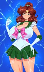 1girls akiranime big_ass bishoujo_senshi_sailor_moon brown_hair clothing female female_only green_eyes huge_breasts large_breasts light-skinned_female lightning makoto_kino nipple_bulge sailor_jupiter skirt solo