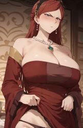 ai_generated angry_expression blush dress_lift embarrassed gigantic_breasts grey_eyes hilda_boreas_greyrat huge_breasts light-skinned_female light_skin long_hair looking_down low-angle_view massive_breasts mature_female milf mushoku_tensei panties red_hair solo_female squatting sweat sweatdrop thick_body thick_female upskirt voluptuous voluptuous_female xd696969