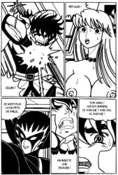 1boy 2girls areolae armor athena_(saint_seiya) battle_armor breasts breasts_focus comic comic_page deity female female_focus females ghost_saints goddess long_hair male male/female mask masked masked_female nipples open_mouth pegasus_seiya saint_seiya saori_kido shounen_jump shueisha toei_animation weekly_shonen_jump weekly_shounen_jump