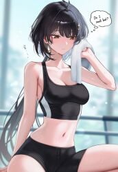 1girls black_hair breasts english_text female gym gym_clothes rover_(wuthering_waves) solo sports_bra sweat text_bubble wuthering_waves yoga_pants