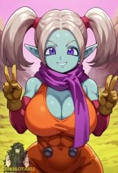 ai_generated dragon_ball dragon_ball_daima friki8otaku huge_breasts panzy_(dragon_ball_daima) peace_sign venus_body