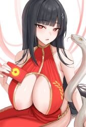 alternate_costume areola_slip black_hair blue_archive breasts bright_pupils china_dress chinese_clothes cleavage cleavage_cutout clothing_cutout dress female fingernails fluffyebi01 highres huge_breasts long_hair looking_at_viewer lunar_new_year millennium_science_school_student nail_polish open_mouth red_dress red_eyes red_nails rio_(blue_archive) seminar_(blue_archive) simple_background sleeveless sleeveless_dress snake turtleneck turtleneck_dress very_long_hair white_background white_pupils white_snake year_of_the_snake