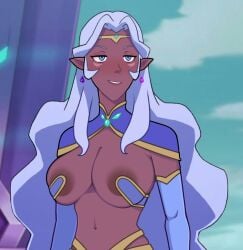 areola_slip armor blue_eyes blush breasts circlet cleavage clothing commission dark-skinned_female dark_elf dark_skin detached_sleeves earrings elbow_gloves elf female female_only gem jewelry large_breasts long_hair looking_at_viewer navel pointed_ears smile solo steca thelazyart upper_body very_long_hair voltron white_hair