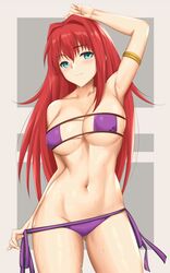 aozaki_aoko aqua_eyes arciealbano arm_behind_head arm_up armlet armpits bangs bare_shoulders bikini bikini_pull blush breasts cleavage clothes_pull collarbone commentary_request cosplay eyebrows_visible_through_hair eyepatch_bikini fate/grand_order fate_(series) female highres large_breasts long_hair looking_at_viewer mahou_tsukai_no_yoru melty_blood minamoto_no_raikou_(fate) minamoto_no_raikou_(swimsuit_lancer)_(fate) minamoto_no_raikou_(swimsuit_lancer)_(fate)_(cosplay) navel purple_bikini red_hair smile solo sweat sweatdrop swimsuit thighs tomatsu_haruka tsukihime type-moon voice_actor_connection wet