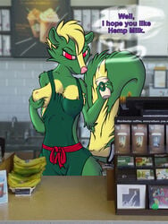 3:4 albino anthro apron apron_only beverage breast_grab breasts cameltoe clothing coffee drugs dyed_fur english_text female full_shading fur green_apron green_body green_fur hand_on_breast i_mean_breast_milk iced_latte_with_breast_milk kush_green mammal marijuana mascot meme mephitid milk mostly_nude mursa nipples photo_background red_eyes skunk solo starbucks steam text yellow_body yellow_fur