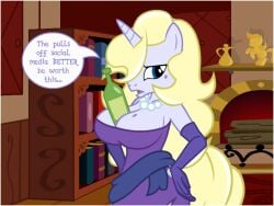 alcohol annoyed anthro beauty_mark book bookshelf breasts cleavage english_text fanfic:drinks_are_on_us female fireplace flashequestria hands-free_bubble_tea_challenge jewelry my_little_pony necklace oc oc_only pearl_necklace solo text vanilla_vodka_(oc) vodka