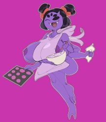 5_eyes apron big_breasts cooking fangs female huge_breasts monster_girl mrxharlequinn muffet naked_apron nipples non-human_feet ribbon spider_girl thick_thighs undertale undertale_(series) winking winking_at_viewer