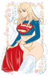 1girls blonde_hair blue_eyes dc dc_comics female female_only kara_danvers kara_zor-el kryptonian light-skinned_female long_hair nail_polish neo_(artist) painted_nails panties skindentation skirt_removed solo solo_female solo_focus stockings supergirl superheroine superman_(series) thick_thighs wide_hips