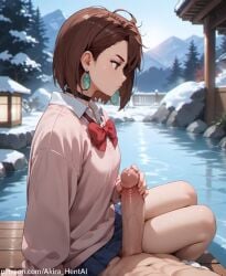 ai_assisted ai_generated akira_hentai ayase_momo clothes cum dandadan desint grabbing grabbing_penis handjob looking_away looking_away_from_viewer onsen pink_clothing school_uniform schoolgirl short_hair short_hair_female