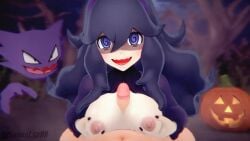 1boy 1girls 3d 3d_animation animated boobjob breasts english_text halloween haunter hex_maniac horny_female jack-o'-lantern koikatsu loop open_mouth pokemon pumpkin purple_eyes purple_hair saimatsukk tagme titjob tits_out video watermark