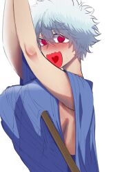 armpit_crease arms_up big_breasts blush breast_poke breast_squish embarrassed female female_only full-face_blush genderswap_(mtf) ginko_sakata gintama gintoki_sakata kimono looking_at_viewer offscreen_character pov red_eyes rule_63 sacido short_hair sideboob solo spiral_eyes surprised sweat very_short_hair white_hair