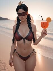 ai_generated beach black_hair blindfold bloodredkittie braid breasts cd_projekt_red female light-skinned_female nipples philippa_eilhart sea solo solo_female swimsuit the_witcher_(series) the_witcher_3:_wild_hunt