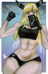 1girls abs arialla_draws athletic_female blonde_hair cleavage female female_only flexing magik_(illyana_rasputin) magik_(marvel_rivals) marvel marvel_rivals selfie thick_thighs