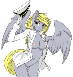 alpha_channel anthro big_breasts breasts clothed clothing derpy_hooves equid equine female friendship_is_magic genitals hasbro hat headgear headwear hi_res holding_clothing holding_hat holding_headgear holding_headwear holding_object looking_aside mammal my_little_pony open_clothing open_shirt open_topwear pegasus portrait pussy shirt simple_background solo spread_wings three-quarter_portrait topwear transparent_background uniform up1ter wings