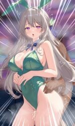 1boy 1girl alternate_costume ambiguous_penetration bare_shoulders belly_button big_breasts blurry_background blush breasts bunny_ears bunny_tail bunnysuit climax collar cum cum_drip cum_in_pussy cum_inside dark-skinned_male dark_skin detached_collar female female_focus firefly_(honkai:_star_rail) fit_female from_behind from_behind_position fucked_from_behind green_bunnysuit grey_hair hair_ornament hand_on_hip headband heavenly_ass high_resolution highres honkai:_star_rail honkai_(series) hoyoverse large_breasts light-skinned_female light_skin long_hair looking_at_viewer male male/female mihoyo motion_lines orgasm purple_eyes sex sex_from_behind slim_waist standing steam straight sweat sweating taken_from_behind thick_thighs thighs welo