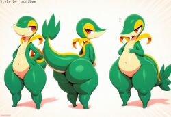 ai_generated anthro ass belly big_belly big_butt female flat_chested generation_5_pokemon green_body half-closed_eyes hellsonger hi_res huge_butt huge_hips huge_thighs looking_at_viewer looking_back narrowed_eyes navel nintendo nude orange_eyes overweight overweight_anthro overweight_female pear-shaped_figure pokemon pokemon_(species) pupils raised_tail rear_view red_eyes reptile scalie short_stack simple_background slightly_chubby slit_pupils small_breasts smile snivy solo standing text thick_thighs white_background wide_hips