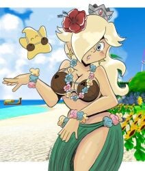 1girls beach big_breasts blonde_hair blue_eyes coconut_bra female_focus flower_in_hair hedgieku hula hula_dancer looking_at_viewer luma mario_(series) nintendo princess_rosalina super_mario_galaxy super_mario_sunshine tagme thighs