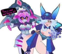 2girls alexklein battle_bat_xayah briar_(league_of_legends) futa_on_female futanari nipple_piercing primordian_briar xayah