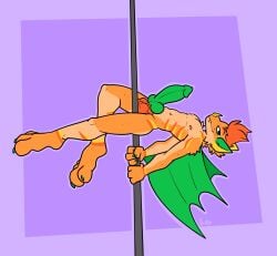 anthro balls bat bedroom_eyes dancing erection fur genitals green_membrane hair half-closed_eyes hi_res hybrid_genitalia hybrid_penis knot male mammal markings membrane_(anatomy) membranous_wings narrowed_eyes nude orange_body orange_fur orange_hair orange_markings penis pole pole_dancing purple_background seductive simple_background smile smirk smug smug_face solo winged_arms wings xing1 yellow_markings