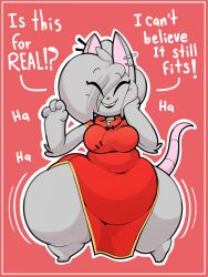 2020 3:4 3_toes anthro asian_clothing belly big_belly border bottom_heavy breasts chinese_clothing chinese_dress chinese_zodiac closed_eyes clothed clothing dialogue digital_media_(artwork) dress east_asian_clothing elisa_(maddeku) english_text fancy_rat feet female female_anthro hi_res huge_hips huge_thighs jiggling maddeku mammal murid murine overweight overweight_female rat rattiesteps red_border rodent smile solo text thick_thighs thigh_jiggle toes wide_hips year_of_the_rat