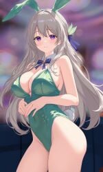 alternate_costume bare_shoulders belly_button big_breasts blurry_background blush breasts bunny_ears bunny_tail bunnysuit collar detached_collar female female_only firefly_(honkai:_star_rail) fit_female green_bunnysuit grey_hair hair_ornament headband heavenly_ass high_resolution highres honkai:_star_rail honkai_(series) hoyoverse large_breasts light-skinned_female light_skin long_hair looking_at_viewer mihoyo purple_eyes slim_waist solo standing thick_thighs thighs welo