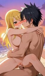 ai_generated beach blush cum_dripping_out_of_pussy fairy_tail gray_fullbuster heart lucy_heartfilia pixai public_nudity vaginal_sex