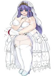 absurdres arm_between_breasts belly between_breasts black_sclera blue_eyes blue_hair blush bouquet breasts bridal_veil bride colored_sclera dress fat female flower full_body glass_slipper grimms_echoes hair_bun highres holding holding_bouquet huge_breasts inaba_empire_178 jewelry long_hair navel necklace obese open_mouth rose shaded_face simple_background smile socks solo sweat tiara veil void_cinderella_(grimms_echoes) weight_gain white_background white_dress white_socks