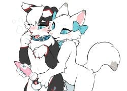 absurd_res anthro canid canine chastity_cage chastity_device collar dominant dominant_female duo female fox fur hei_pi_(kuro_chan0720) hi_res male male/female mammal sex_toy simple_background vibrator white_background white_body white_fur wolfwithwing