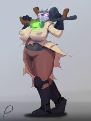 1girls 2016 bandage bandages big_bandit_(nuclear_throne) big_breasts black_body black_skin boots breasts brown_clothing clothed clothing commission female gloves glowing glowing_eyes gun hi_res large_breasts mask masked masked_female nipples_visible_through_clothing nuclear_throne peculiart purple_eyes radiation raised_arm ranged_weapon rule_63 thick_thighs thighs