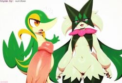 absurd_res ai_generated anthro big_penis clothing duo english_text erection female fur generation_5_pokemon generation_9_pokemon genitals glans green_body green_fur half-closed_eyes hellsonger hi_res humanoid_genitalia humanoid_penis imminent_sex interspecies looking_at_genitalia looking_at_penis male male/female mammal meowscarada narrowed_eyes navel nintendo open_mouth penis pokemon pokemon_(species) pokephilia pupils pussy simple_background size_difference snivy sprigatito text url vein veiny_penis white_background wide_hips