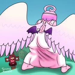 angel_wings ass ass_in_dress ass_shake background_character cookie_run cookie_run_kingdom crucified crucifixion demon_wings disrespect eternal_sugar_cookie fat_ass fully_clothed funny halo heart hollyberry_cookie meme pink_hair pink_skin snussyasex stupid twerk twerking_at_viewer