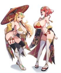 1girls 2girls bikini blonde_hair breasts female gold_eyes gonzarez hi_res huge_breasts light-skinned_female light_skin long_hair mythra nintendo pyra red_eyes red_hair short_hair thick_thighs xenoblade_(series) xenoblade_chronicles_2