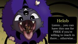 aerithsnakey anthro cult_of_the_lamb dialogue furry hand_in_mouth helob_(cult_of_the_lamb) mouth open_mouth saliva saliva_string swallowed swallowed_alive swallowed_whole swallowing swallowing_whole text text_box tongue tongue_out vore