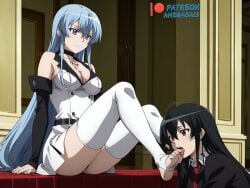 2d 2d_(artwork) 2d_artwork 2girls 4k ahegao_ai ai_generated akame_(akame_ga_kill!) akame_ga_kill! anime anime_style background black_hair blue_eyes blue_hair blush blushing_female breast_covered breasts clothed clothed_female color colored commission commission_art curvy curvy_body curvy_female curvy_figure esdeath_(akame_ga_kill!) expression feet feet_focus feet_licking female female/female female_focus foot_fetish foot_focus foot_lick foot_play high_resolution highres licking licking_foot long_hair looking_at_partner looking_at_viewer no_nude pantyhose red_eyes request serious serious_face sitting spread_legs spreading tongue tongue_out white_clothing white_pantyhose yuri