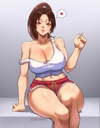 1girls alternate_costume big_breasts booty_shorts casual casual_clothes cleavage curvaceous curvy fatal_fury heart king_of_fighters light-skinned_female luchidart mai_shiranui shorts solo solo_female tank_top thick_thighs voluptuous wide_hips