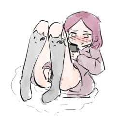 anonymous_artist blush indie_virtual_youtuber no_panties purple_hair pussy_juice pussy_juice_puddle queenpb thighhighs virtual_youtuber