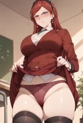 ai_generated angry_expression bare_thighs blush embarrassed gigantic_breasts hilda_boreas_greyrat huge_breasts huge_thighs light-skinned_female light_skin long_hair looking_down low-angle_view massive_breasts mature_female milf mushoku_tensei panties pantyhose pink_eyes red_hair skirt_lift solo_female squatting sweat sweatdrop teacher thick_body thick_female thick_thighs thighs upskirt voluptuous voluptuous_female xd696969