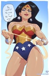 1girls black_eyebrows black_hair blue_eyes dc dc_comics dcau diana_prince female femdom fingernails freckles freckles_on_chest justice_league_unlimited kajinman large_breasts lasso lasso_of_truth looking_at_viewer looking_down mole mole_on_ass pov red_fingernails simple_background smile speech_bubble wonder_woman wonder_woman_(series)