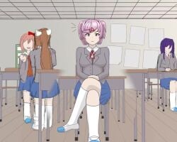 2d 2d_animation 4girls animated bandoanimation blue_skirt blush blush_lines blushing breasts cameltoe chair classroom classroom_desk clothed_variant crossed_legs desk doki_doki_literature_club fang female_focus legs_crossed monika_(doki_doki_literature_club) mouth_open multiple_girls natsuki_(doki_doki_literature_club) notice_lines noticing nude_version_available oerba_yun_fang open_mouth panties pink_eyes pink_hair sayori_(doki_doki_literature_club) school_chair school_desk shoes showing_off showing_panties sitting sitting_down sitting_on_chair skirt socks sound spread_legs spreading spreading_legs tagme video white_panties yuri_(doki_doki_literature_club)