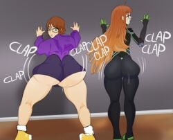 2girls ass ass_focus barbara_gordon batgirl batman_(series) big_ass clapping_cheeks dc_comics dweezyvox orange_hair persona persona_5 sakura_futaba skinsuit tagme twerk-off twerking