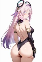 ai_generated ass ass_focus bare_shoulders big_ass big_butt blue_eyes blush breasts citlali_(genshin_impact) female from_behind genshin_impact gradient_hair hair_ornament huge_ass leotard long_hair looking_at_viewer looking_back medium_breasts multicolored_hair pink_hair shiny shiny_hair shiny_skin sideboob solo twin_braids very_long_hair