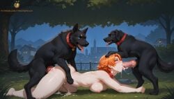 ai_generated anal anal_sex canine canine_genitalia canine_penis cum cum_in_mouth cum_in_pussy domestic_dog face_fucking fellatio irrumatio knot knotted_penis mmf mmf_threesome nora_valkyrie rwby semen spitroast tagme threesome twistedpeach zoophilia zoophilia