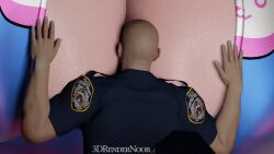 1boy 1girls 3d 3drendernoob blender_(software) breast_smother breasts_bigger_than_head cleavage cleavage_cutout d.va giantess hana_song huge_breasts overwatch police_uniform scrag_d.va video_game_character