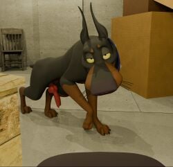 3d absurd_res animal_genitalia animal_penis aroused box canid canine canine_genitalia canine_penis canis container desoto_(disney) digital_media_(artwork) disney dobermann domestic_dog duo eyebrows feral first_person_view genitals hi_res looking_at_viewer male male/male mammal oliver_and_company penis pinscher raised_eyebrow redneck_redoubt roscoe_(disney) solo_feral warehouse