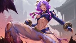 abs ai_assisted ai_generated blood blood_on_face bruise cuts female fight fighting_stance gritted_teeth horns league_of_legends midriff nnsyos_(artist) purple_eyes purple_hair ripped_clothing scratches solo tired toned torn_clothes torn_legwear yunara_(league_of_legends)