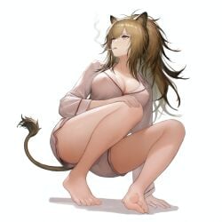 1girl ai_generated animal_ears arknights barefoot blonde_hair breasts cigarette cleavage covered_nipples elbow_on_knee expressionless feet foot_focus from_below half-closed_eyes lion_ears lion_girl lion_tail looking_to_the_side looking_up muchdoge pajamas pink_pajamas pink_shorts shorts siege_(arknights) solo toes yellow_eyes