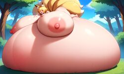 ai_generated aroused blonde_hair blush forest fox_ears fox_girl fox_tail full-face_blush gigantic_ass gigantic_breasts heavy_breathing huge_areolae huge_nipples hyper_breasts hyper_pregnancy immobile in_heat lying_on_belly multiple_tails pregnant self_lying stable_diffusion thick_thighs wide_hips worried yellow_hair