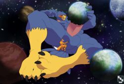 anthro avian canid canine canis erection falco_lombardi fox fox_mccloud genitals giantboonehusky_(artist) hi_res macro male male_only mammal micro nintendo penis planet planet_penetration space star_fox video_games wolf wolf_o'donnell worship